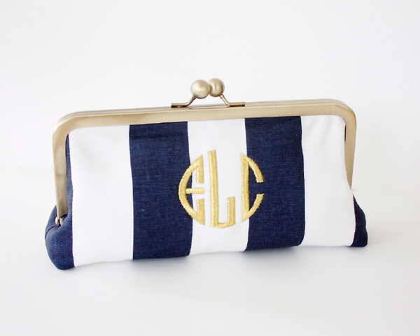 OatmealLace Navy Stripe Monagram Clutch