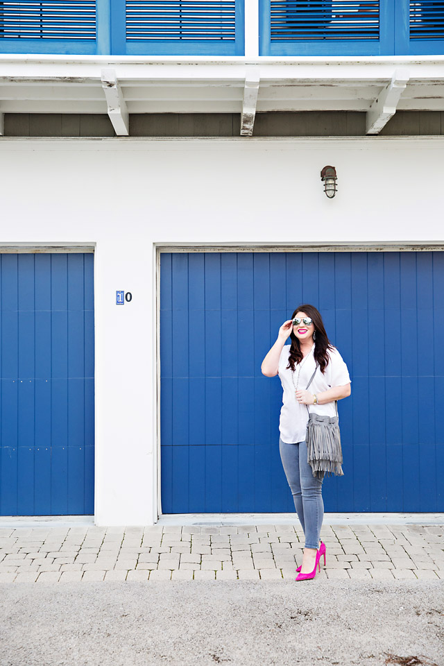 Grey Jeans Pink Heels Fringe 30A Street Style Jami Ray