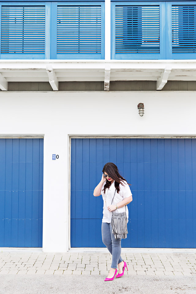 Grey Jeans Pink Heels Fringe 30A Street Style Jami Ray