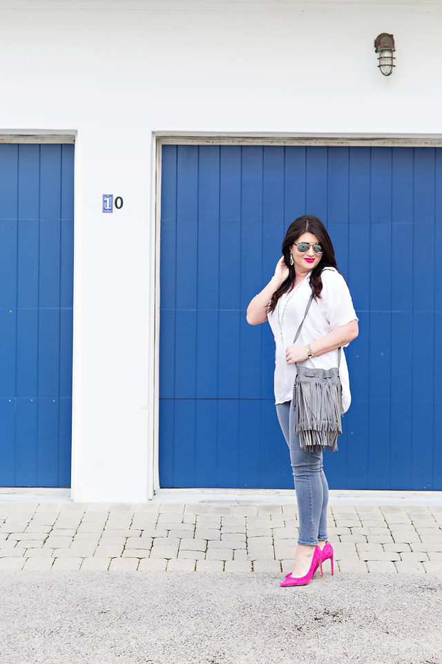 Grey Jeans Pink Heels Fringe 30A Street Style Jami Ray