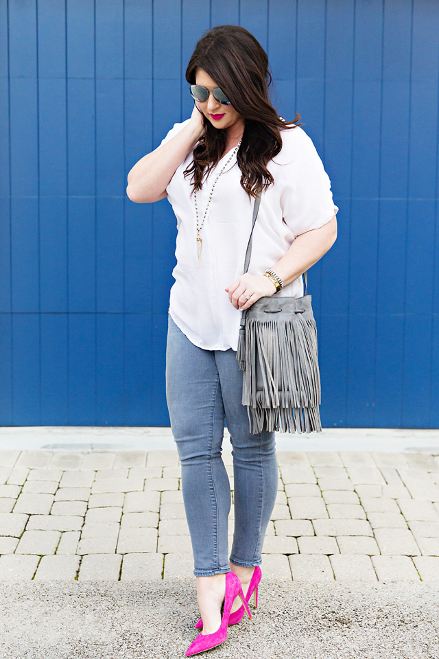 Grey Jeans Pink Heels Fringe 30A Street Style Jami Ray