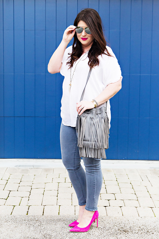 Grey Jeans Pink Heels Fringe 30A Street Style Jami Ray