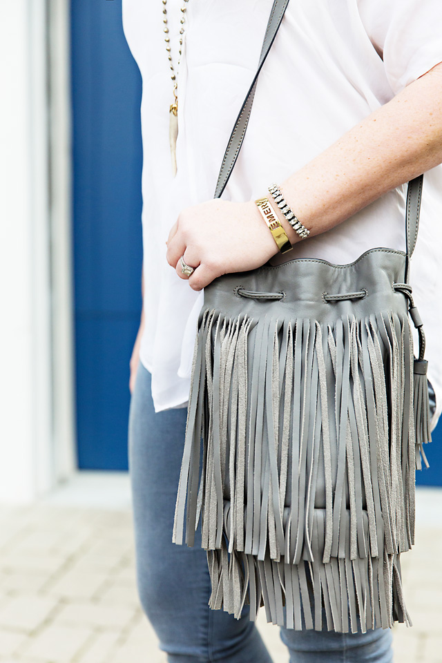 Grey Jeans Pink Heels Fringe 30A Street Style Jami Ray