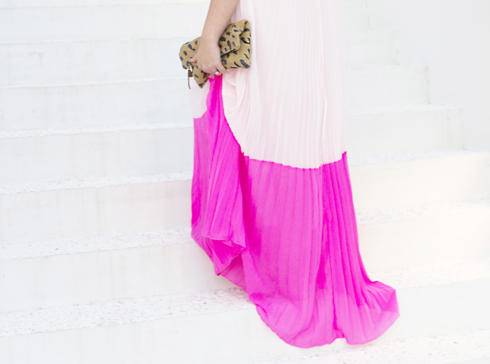 Pink Pleat Colorblock Pink Maxi Dress