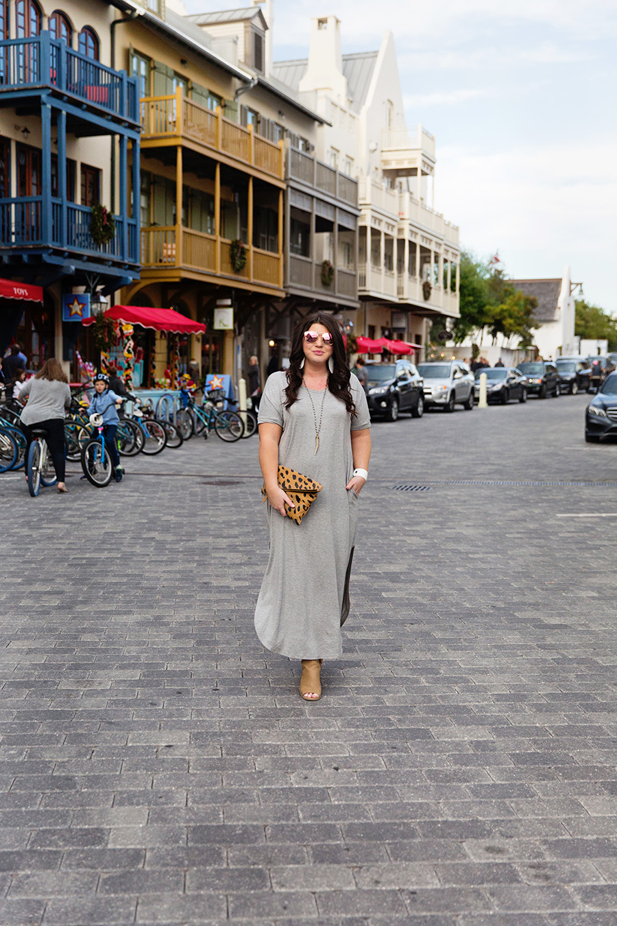 This grey T-shirt maxi is the perfect vacay dress to wear in Rosemary Beach. Love the Nickel and Suede leather earrings!