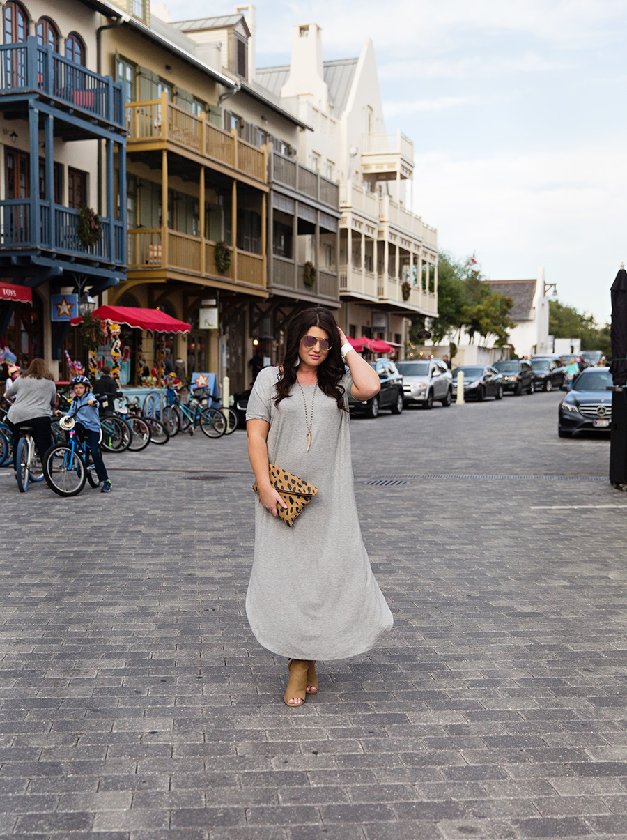 This grey T-shirt maxi is the perfect vacay dress to wear in Rosemary Beach 