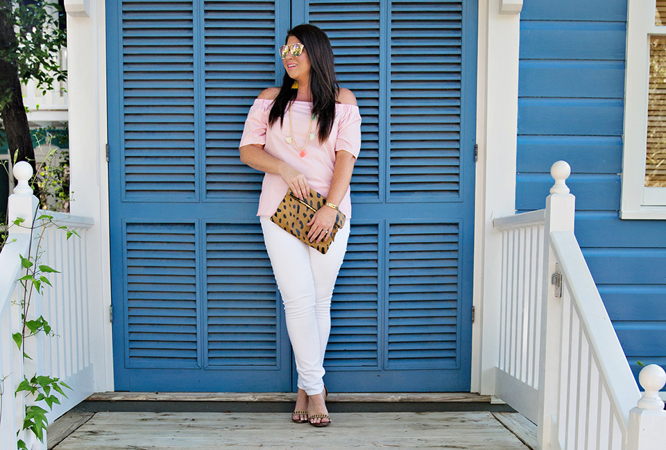 OOTD: White Jeans, Pink Off-the-Shoulder + Leopard
