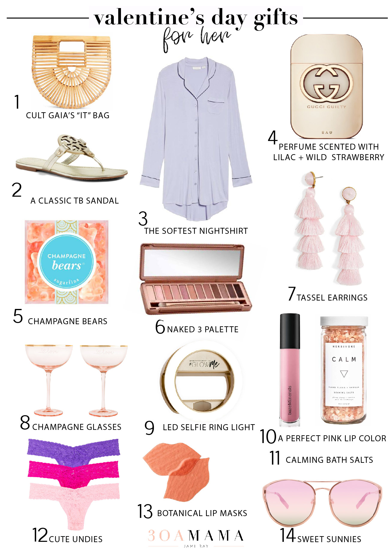 A roundup of Valentine's Day gifts for her including Tory Burch, Cult Gaia's it bag, Bare Minerals matte lip color, cute pajamas and more.