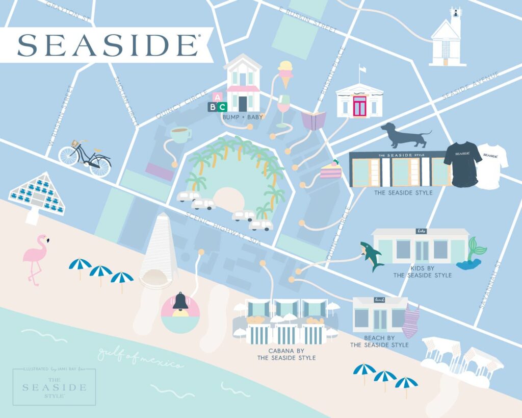 Seaside FL  - The Seaside Style map illustrated by Jami Ray, 30A Mama