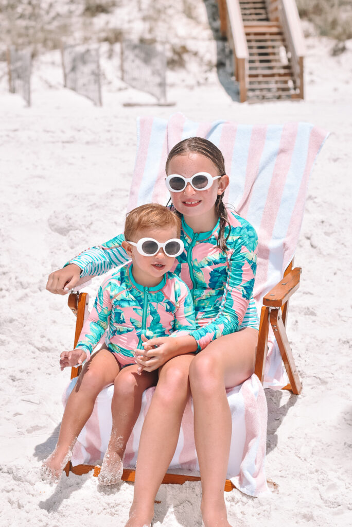 30A Mama wearing Cabana Life swimsuits - little beach babes
