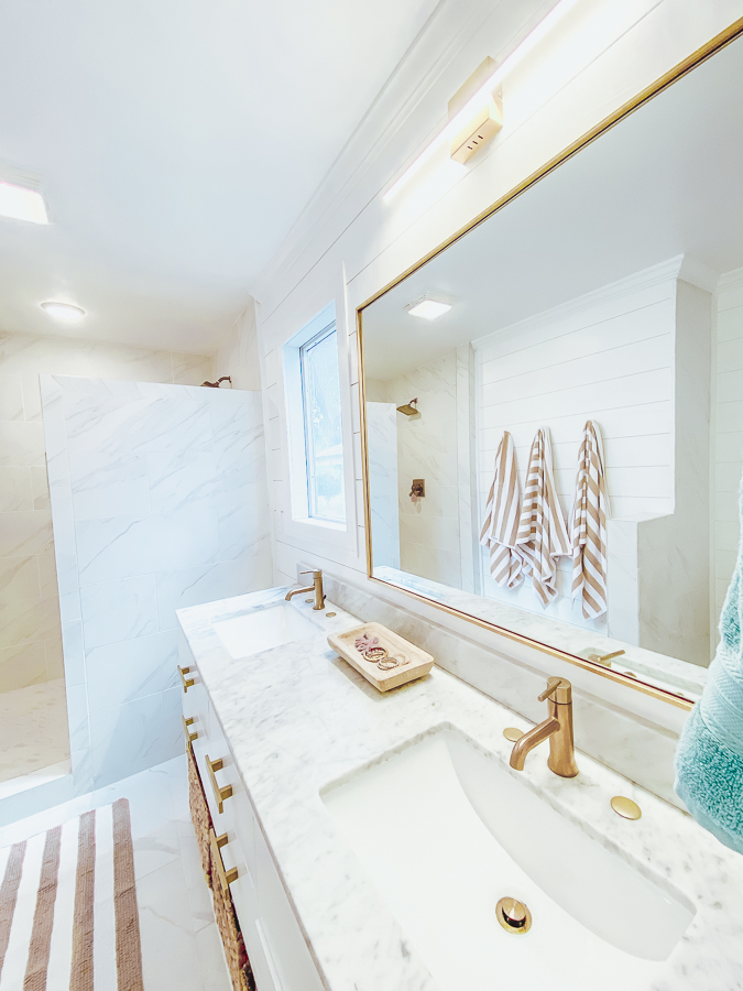 30A Mama Beachy Bathroom Renovation - White Shiplap with Marble 72" vanity
