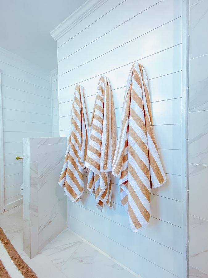 30A Mama Beachy Bathroom Renovation - tan stripe towels