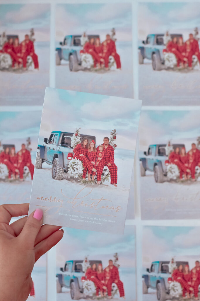 30A Mama Minted Christmas Card - jeep on the beach family portrait