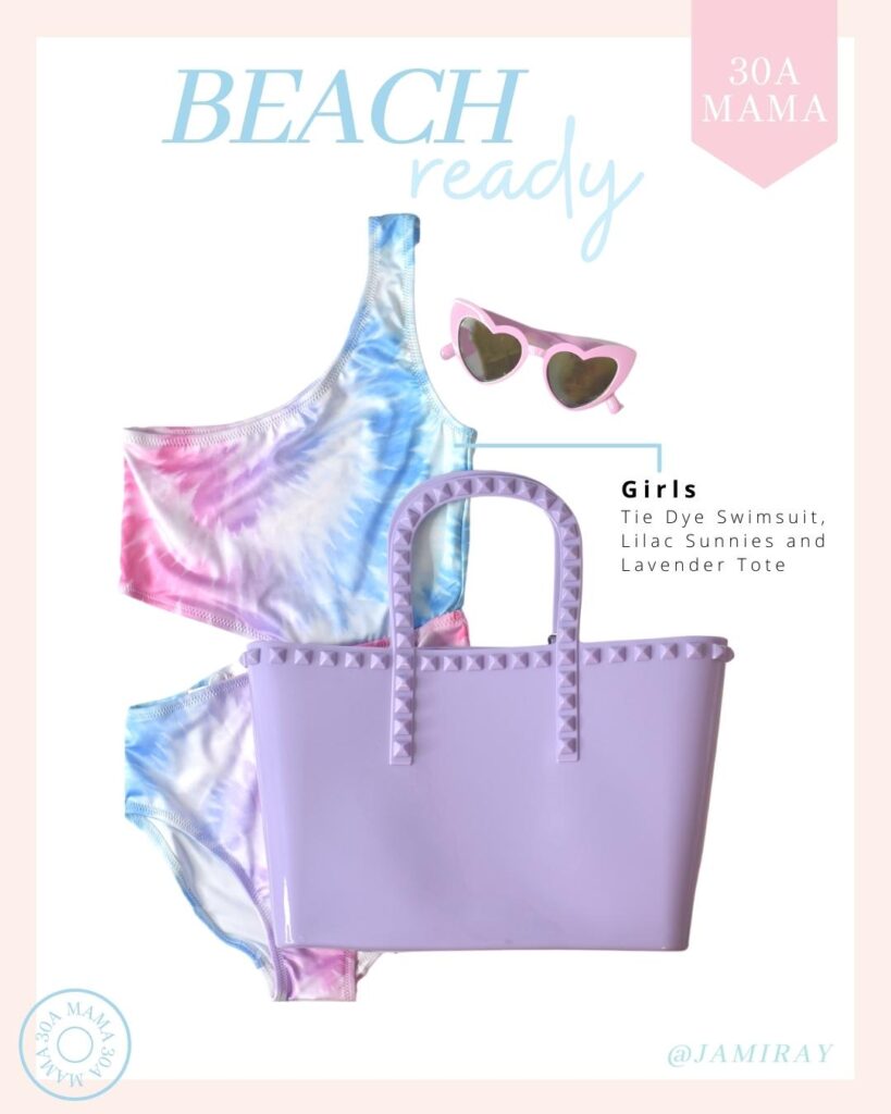 30A Mama Jami Ray Girls Beach Outfit Tie Dye Purple Pink Swimsuit Heart Sunglasses