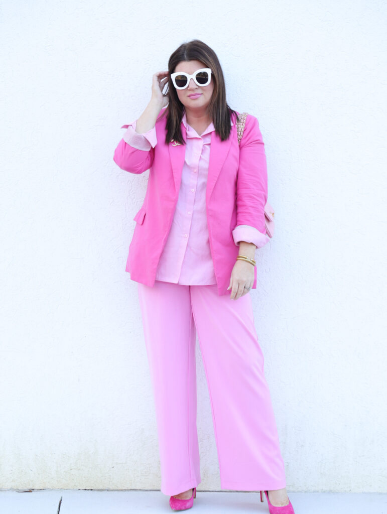 Pink blazer and pink pants suit monochromatic workwear