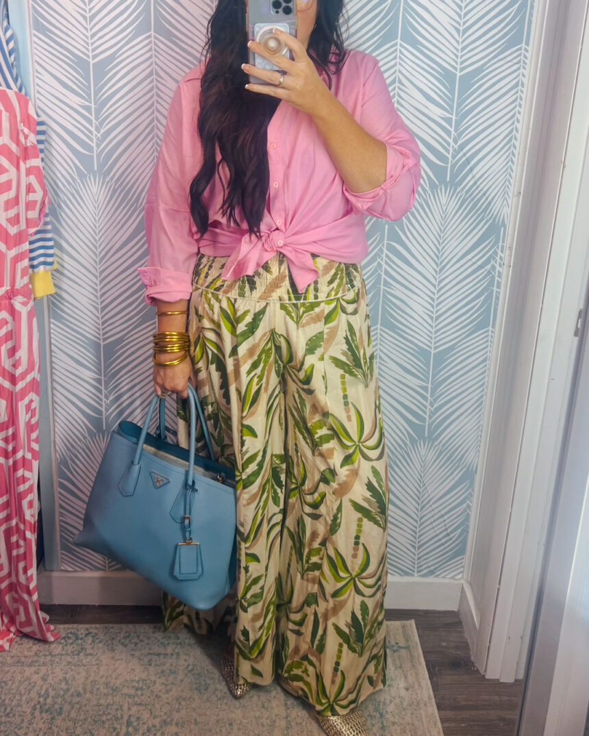 Jami Ray Beachy Office Outfits Palm Pants and Pink Oxford Shirt